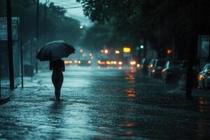 Woman walking alone in flooded street during heavy rain at night. photo