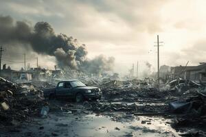 Post-disaster scene a pickup truck amidst rubble, smoke billowing in the background. photo