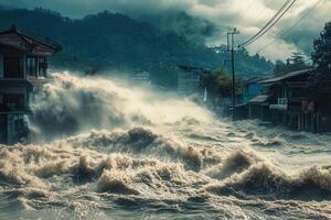 Powerful floodwaters surge through a town, engulfing buildings and streets. photo