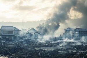 Smoke billows over devastated houses and debris after a natural disaster. photo