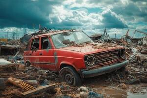 Red car buried in mud and debris after a natural disaster. photo