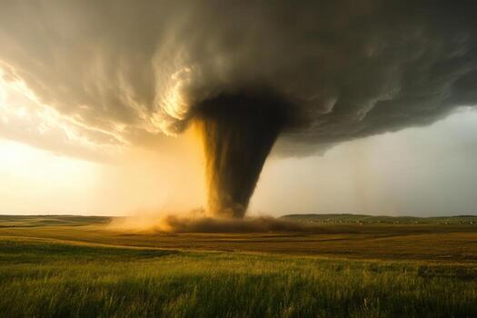Powerful tornado touching down in a field at sunset. photo