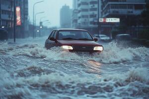 Red car driving through flooded city street during heavy rain. photo