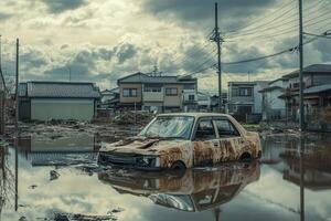 Rusted car submerged in floodwaters after a natural disaster, near residential buildings. photo