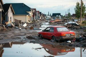 Red car stuck in mud after flood, debris scattered on residential street. photo