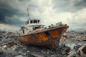 Rusty shipwreck amidst post-disaster debris. photo