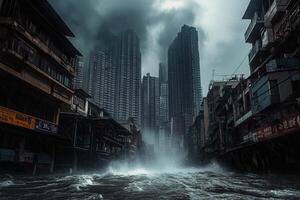 Stormy weather in a narrow waterway between old and modern buildings. photo