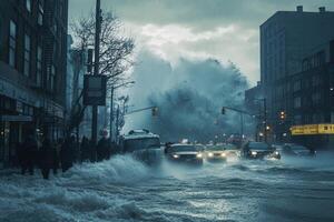 Urban flood scene with people and vehicles submerged in rising water during a severe storm. photo