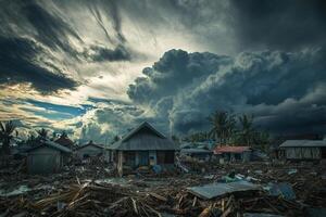 Storm aftermath debris-strewn village under dramatic, dark clouds. photo