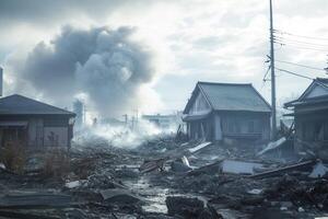 Smoke rises from devastated buildings and debris-strewn streets after a natural disaster. photo