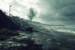 Stormy coastal scene with debris and a tornado. photo