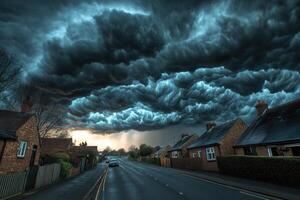 Ominous storm clouds loom over a residential street. photo