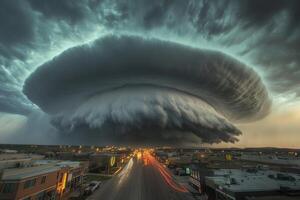 Imposing supercell thunderstorm over a small town at night, illuminated by car lights on a highway. photo
