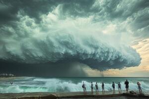People watch dramatic ocean storm clouds. photo