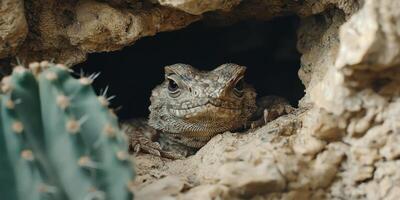 Desert Lizard Hiding in Cactus Shade Rock Crevice Reptile Wildlife photo