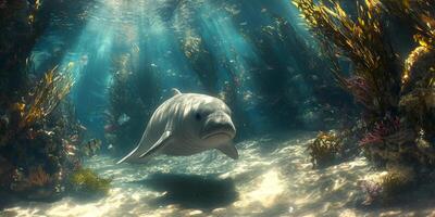 Dugong Underwater Seagrass Grazing High Resolution Ocean Wildlife photo