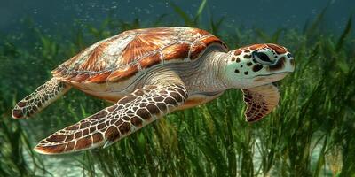 Loggerhead Sea Turtle in Kelp Forest Underwater Wildlife photo