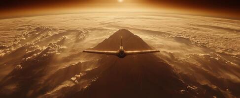 Jet Soaring Over Alien Planet at Sunset photo