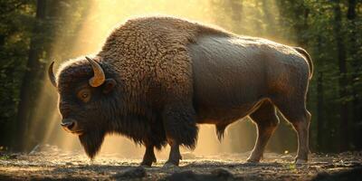 Majestic European Bison in Ancient Forest Sunrise photo