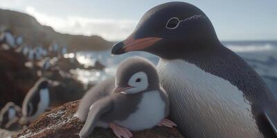 Penguin Chick Parent Antarctic Wildlife Ocean Nature Family photo