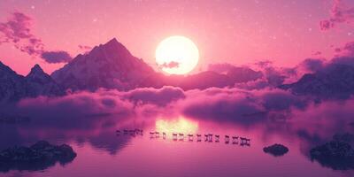 Magical Pink Sunset Reindeer Herd Crossing Serene Lake Mountains Aurora photo