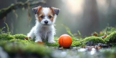 Adorable Puppy Playing with Ball in Mossy Green Backyard photo