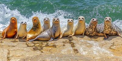Harbor Seals Basking on Rocky Coast Ocean Waves photo