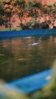 A fountain splashing water in a koi fish pond, creating lively ripples and a tranquil ambiance in a natural setting video
