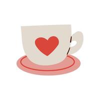Cup with red heart-shaped label. Valentine's day. Cartoon flat icon. illustration vector