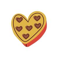 Box of chocolate sweets in heart shape. Red lid with golden bow. Top view illustration isolated. Flat cartoon design, romantic concept vector