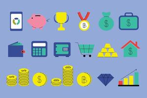 A set of icons that include money, coins, and other items vector