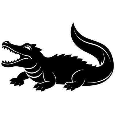 A black and white illustration of an alligator
