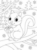 A squirrel with a present coloring page vector