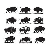 Bisons set silhouette with mountain and pine tree vector