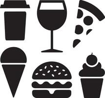 A icon set with coffee cup, wine glass, pizza slice, burger, ice cream cone, and cupcake. vector