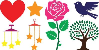 a set of design elements like heart, star, rose flower, bird, mobile, tree vector
