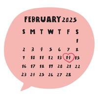 February 2025. Calendar. Pink speech bubble. Hand drawn design. Illustration on white background. vector