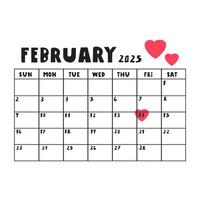 February 2025. Template calendar. Simple planner. Hand drawn illustration on white background. vector
