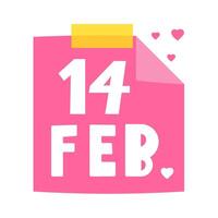 14 Feb. Pink paper note. Illustration on white background. vector