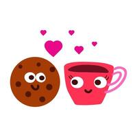 Red coffee cup and chocolate cookie. Romantic scene. Design for Valentine's day. Flat illustration on white background. vector