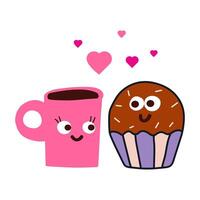 Pink coffee cup and cupcake. Romantic scene. Design for Valentine's day. Flat illustration on white background. vector