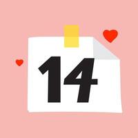 Paper note with number - 14 and two little hearts. Design for St. Valentine's day. Illustration on white background. vector