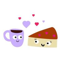 Cute coffee mug and cake. Romantic scene about fall in love. Design for Valentine's day. Flat illustration on white background. vector