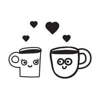 Coffee cups fall in love. Funny romantic scene. Design for Valentine's day. outline illustration. vector