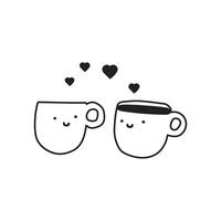 Two happy coffee cups. Romantic scene about fall in love. Design for Valentine's day. Outline illustration on white background. vector
