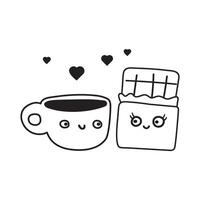 Chocolate and coffee cup. Romantic scene about fall in love. Design for Valentine's day. Outline illustration on white background. vector