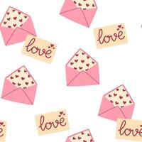Valentines envelopes seamless pattern. Valentines day mail. Simple opened and closed envelopes, decorated with hearts. Holiday background for wrapping, textile. Hand draw illustration vector