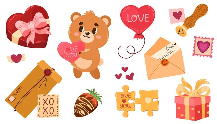Romantic elements for Valentines day. Scrapbooking elements for valentines day heart, gift, chocolate box, teddy bear, mailbox and mail. Hand draw illustration isolated on white background