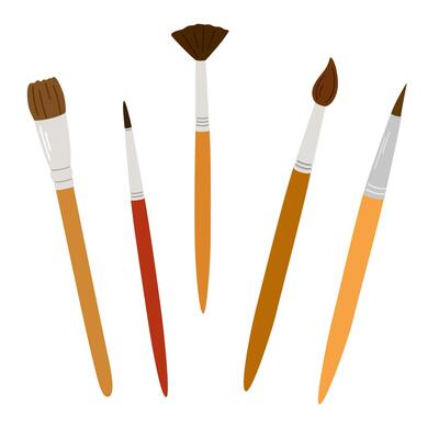 Paint brushes kit for drawing. Painting tools, art supplies. Paintbrushes of different size, shape, type, kind. Flat illustration isolated on white background