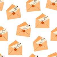 Valentines envelopes seamless pattern. Valentines day mail. Simple opened and closed envelopes, decorated with hearts. Holiday background for wrapping, textile. Hand draw illustration vector